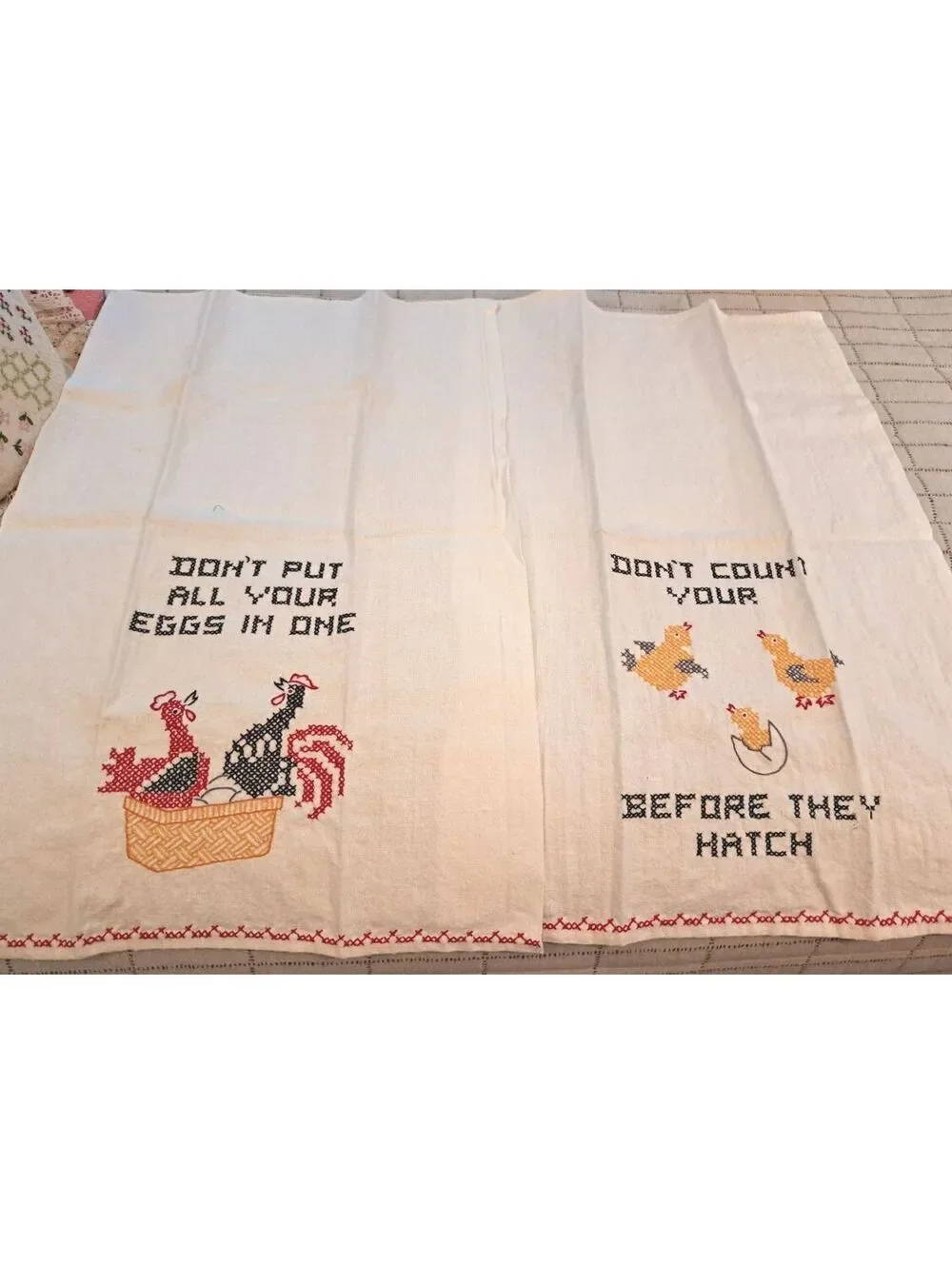 Vintage Set-2 Handmade Cross-Stitch Farmhouse Wisdom Chicken Kitchen Tea Towels
